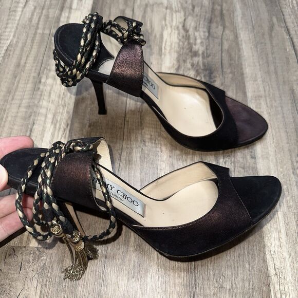 Jimmy Choo Women’s Lace Up Stiletto Heels Brown Gold Chain Accent Size 36.5 - Picture 2 of 6